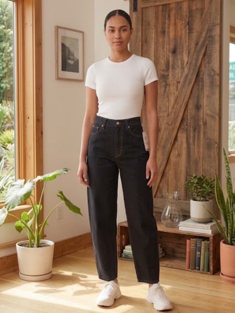 NWT H&M High-Rise Barrel Leg Loose-Fit Jeans Black Denim Size 4 (30 x 28)